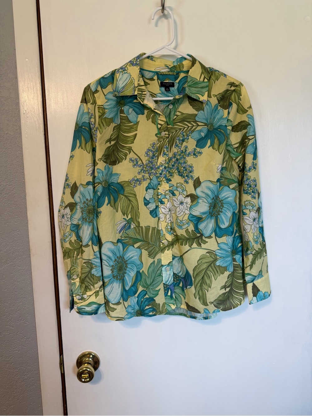 Talbots Yellow Floral Button-Up Shirt with Blue & Green Blooms